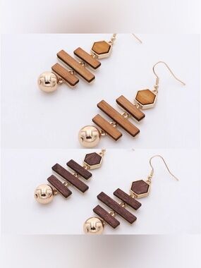 Gold and Wood Geometric Drop Earrings - Women Jewelry